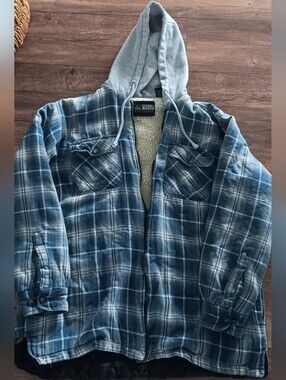 Vintage Blue Plaid Jacket with Gray Hood and Cream Sherpa